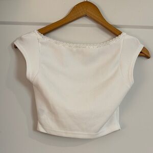 SHEIN White Ribbed Crop Top with Lace Trim